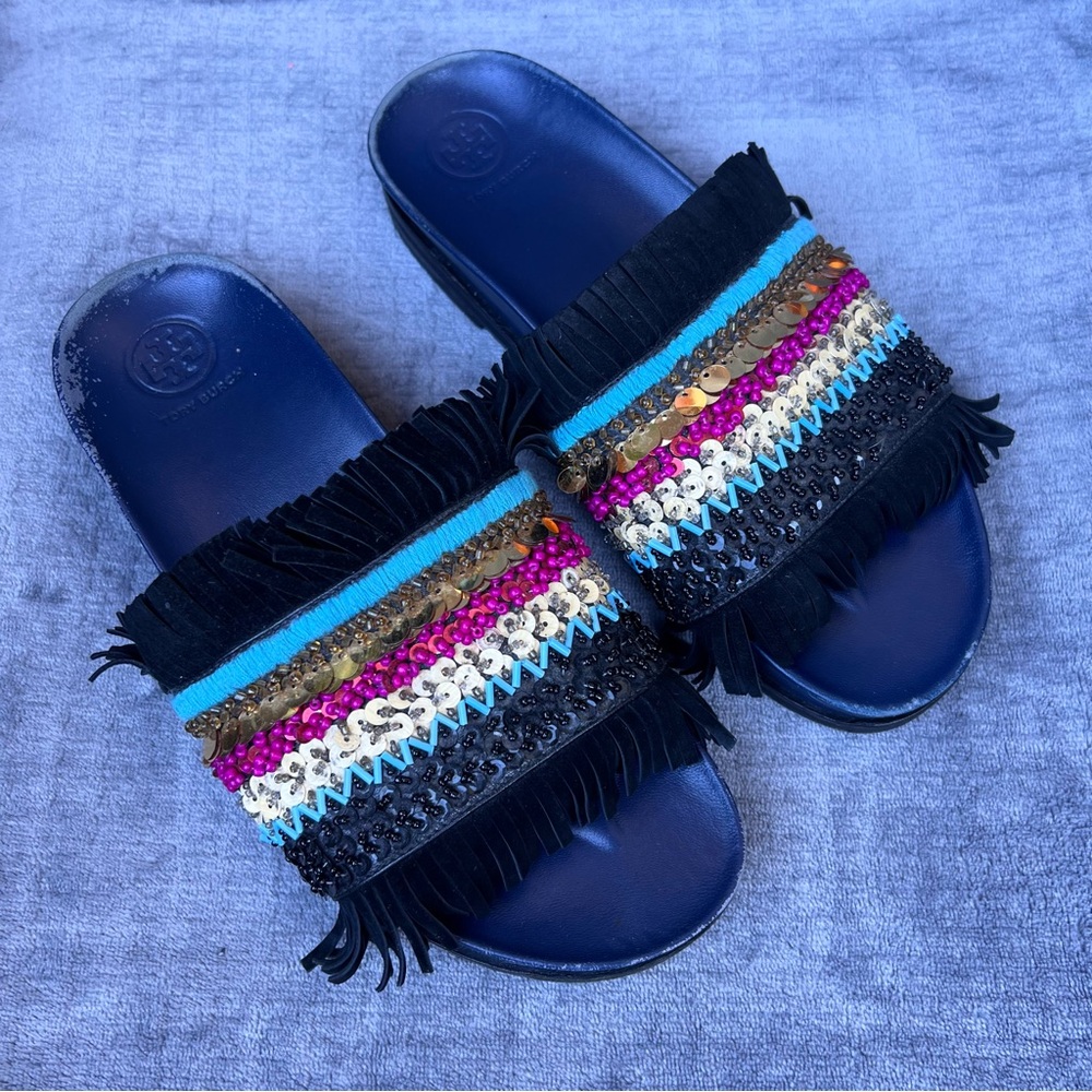 Tory Burch Isle Slides Women 8.5 Slip On Shoes Beaded Fringe Sequin Sandals